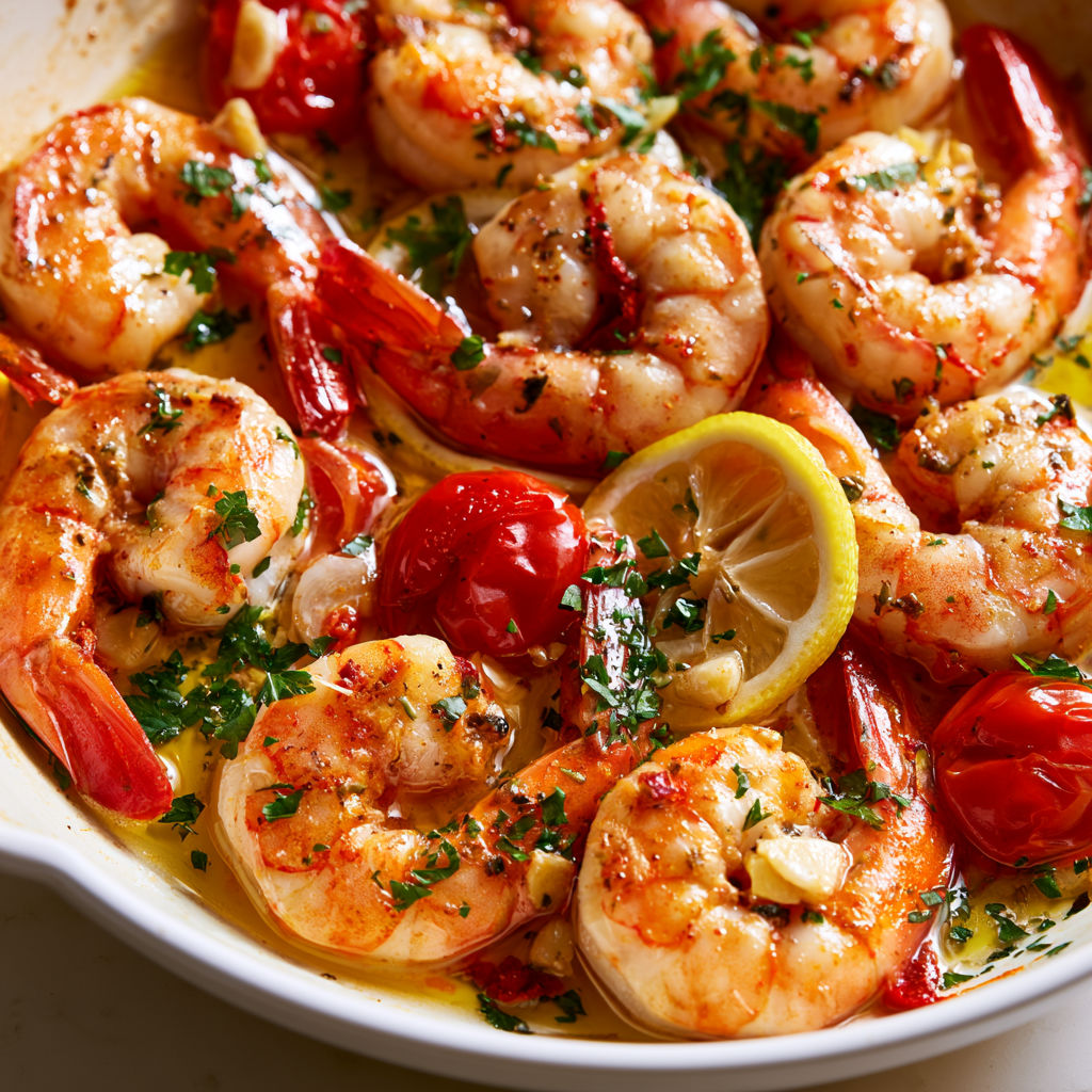 Jolies crevettes sautées à l'ail, citron et tomates cerises fondantes.