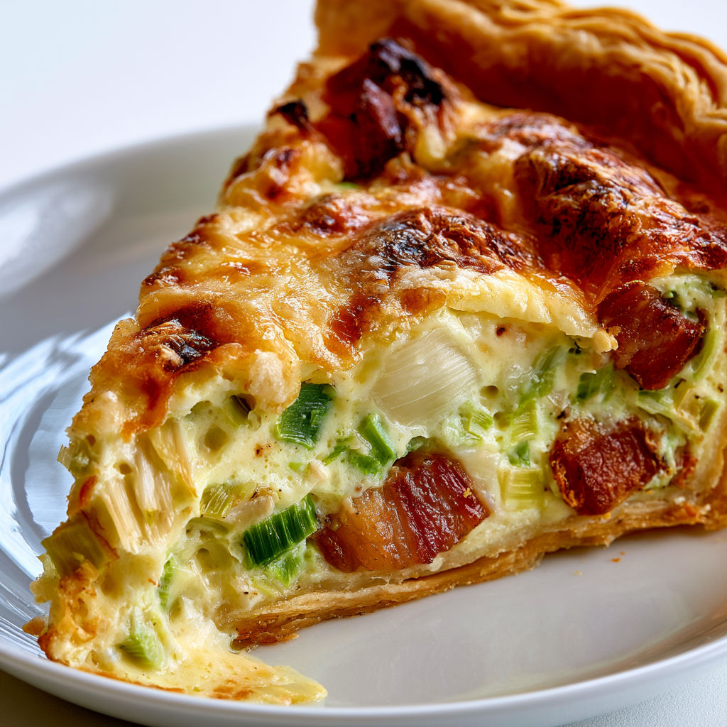 Une délicieuse tarte dorée aux poireaux et lardons sur un plat servi.