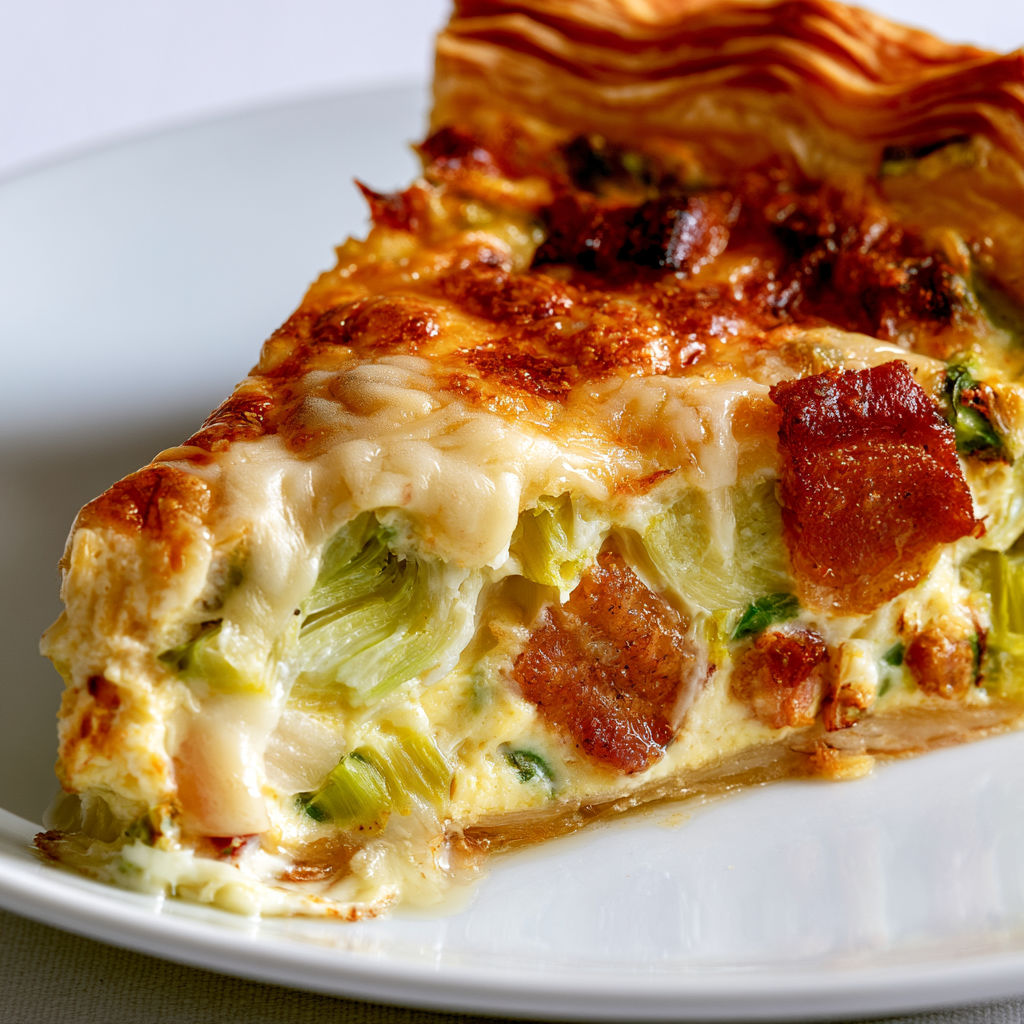 Tarte aux poireaux ultra fondants, lardons fumés et crème, garnie de fromage gratiné.