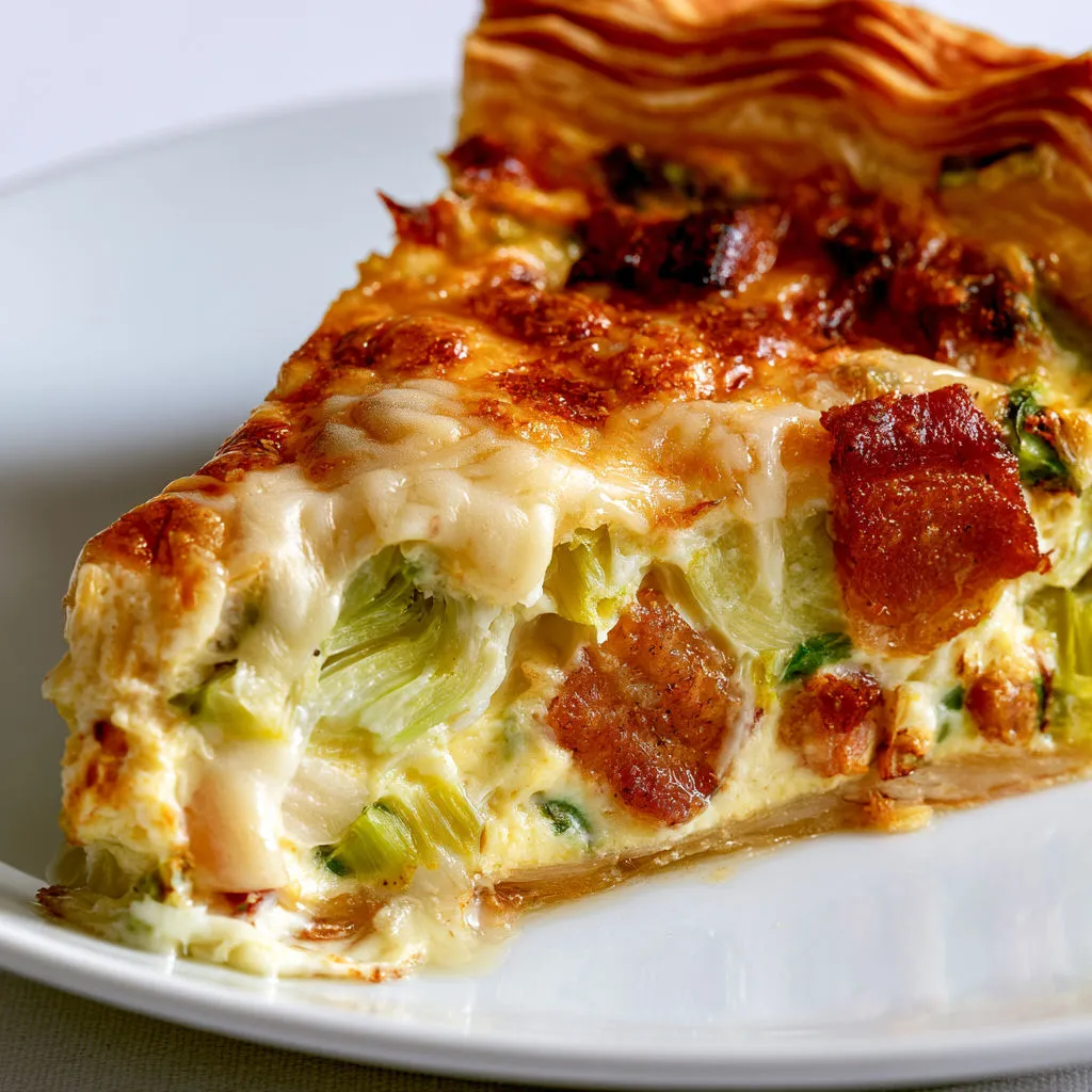Tarte aux poireaux ultra fondants, lardons fumés et crème, garnie de fromage gratiné.