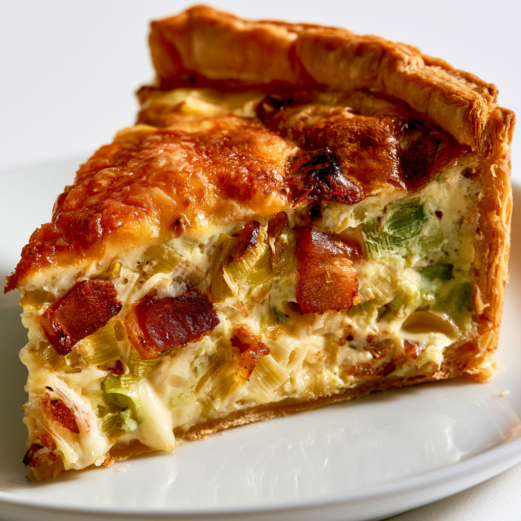 Magnifique tarte aux poireaux et lardons nappée de fromage gratinée à souhait.