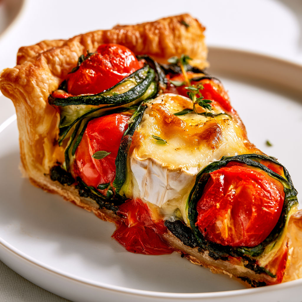 Tarte aux légumes fleurs et chèvre, avec tomates et courgettes.