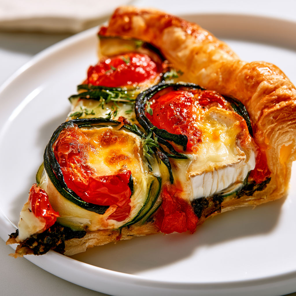 Tarte ensoleillée aux courgettes, chèvre fondant et tomates cerises.