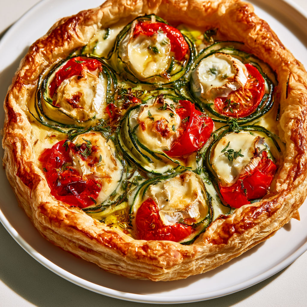 Tarte savoureuse aux courgettes, chèvre et tomates cerises, parfaite pour l'été.