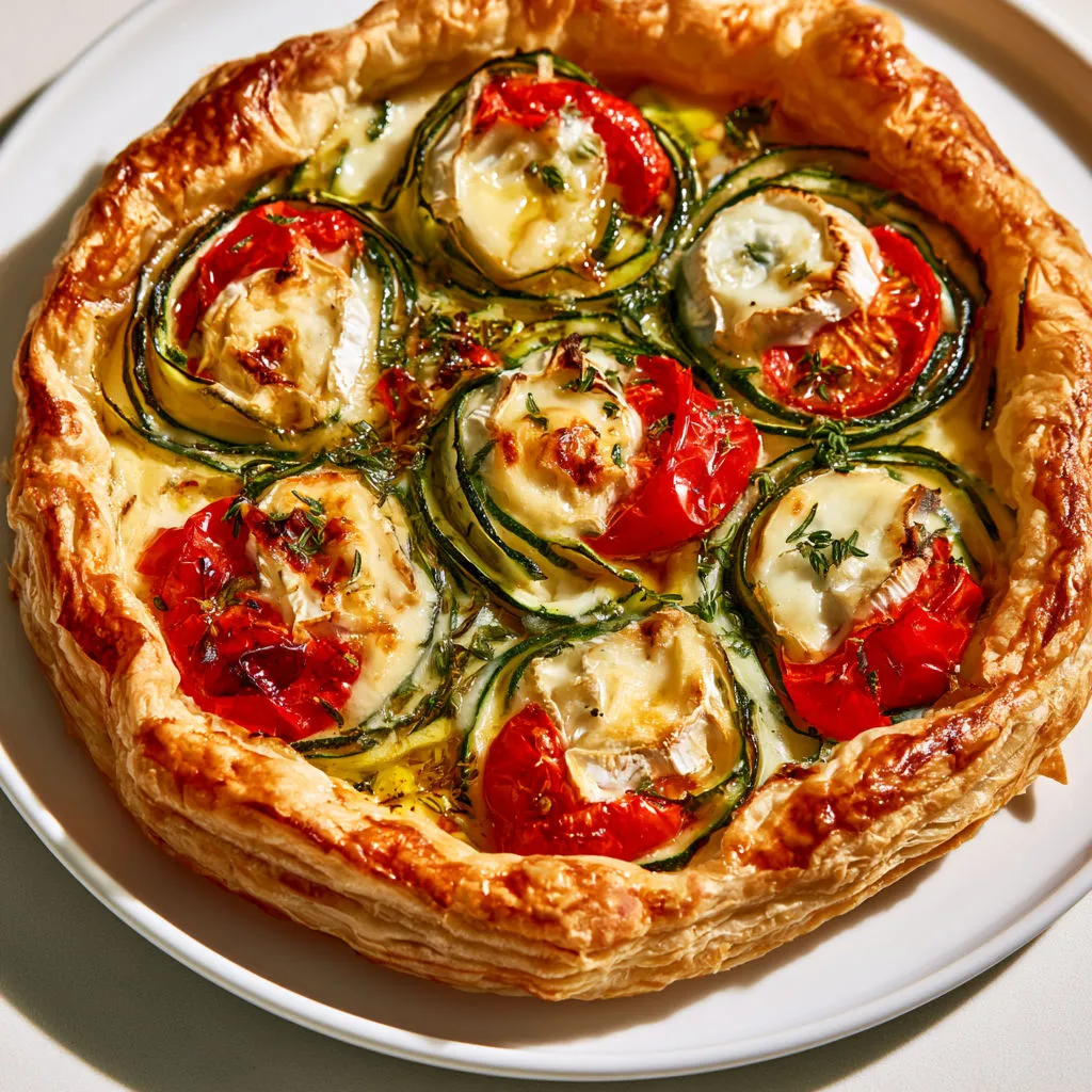 Tarte savoureuse aux courgettes, chèvre et tomates cerises, parfaite pour l'été.