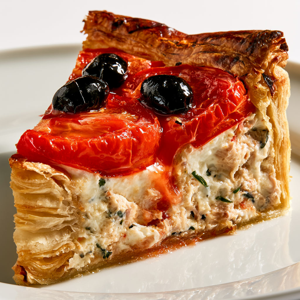 Tarte thon mascarpone servie sur une planche en bois.