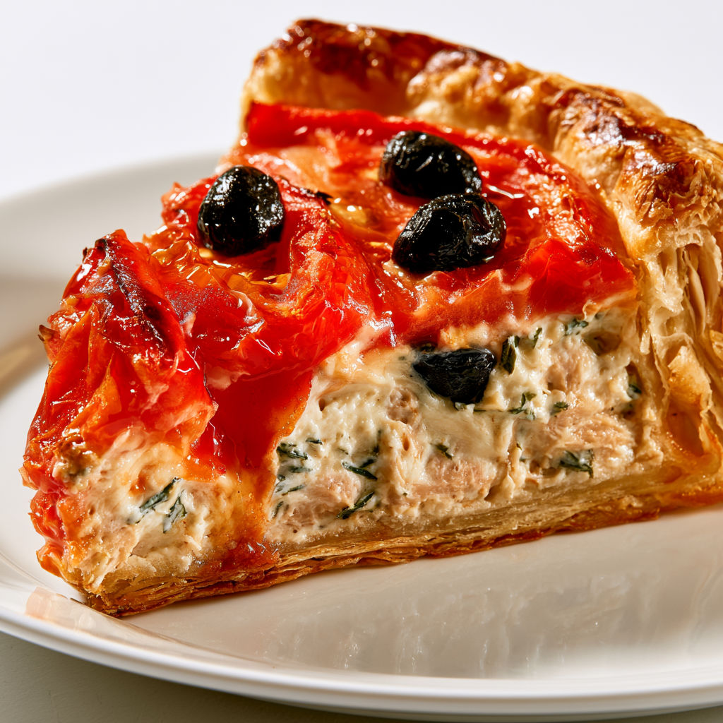Quiche au thon, tomates et mascarpone fondante parfumée à l’estragon.