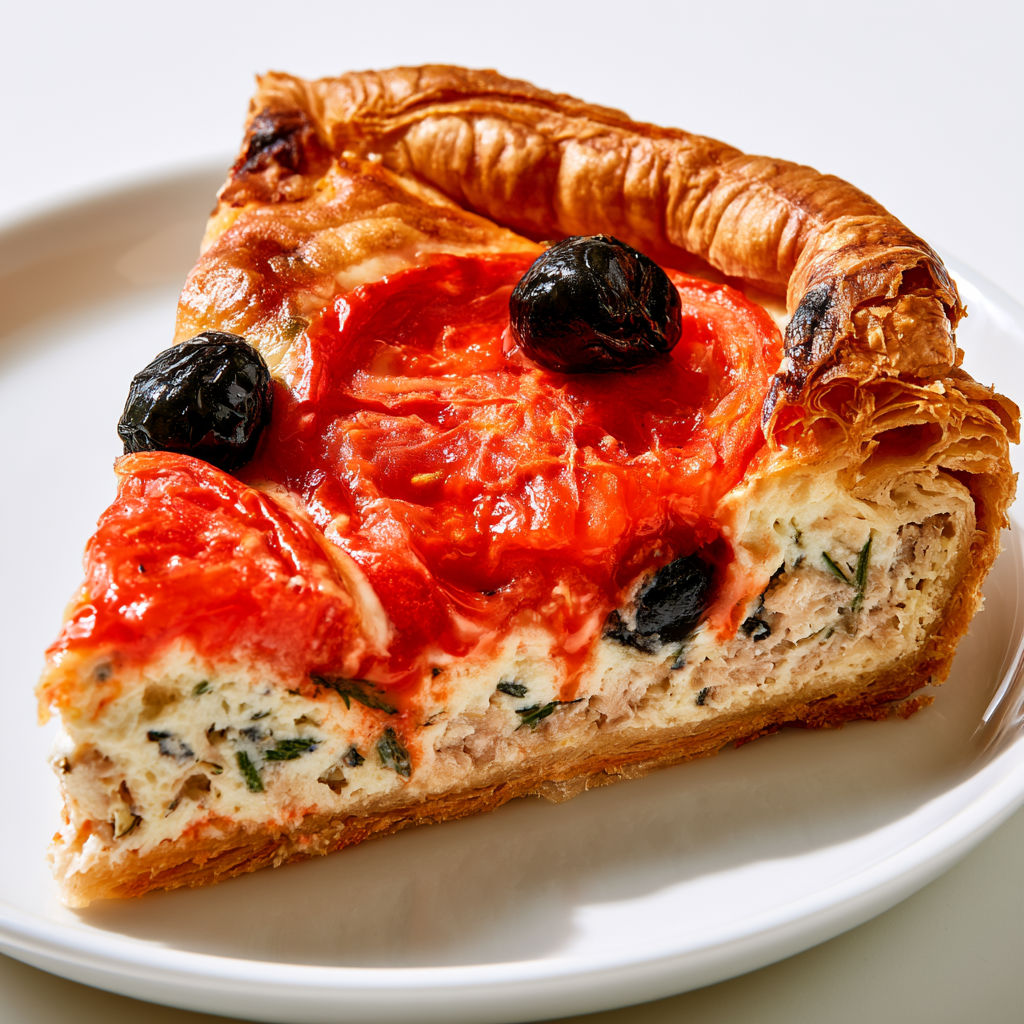 Quiche au thon, tomates, estragon et mascarpone, ultra fondante.