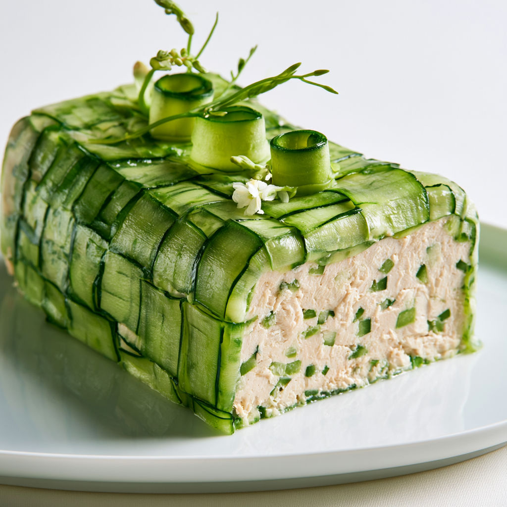 Une terrine légère au poulet et courgettes joliment présentée avec des saveurs estivales.