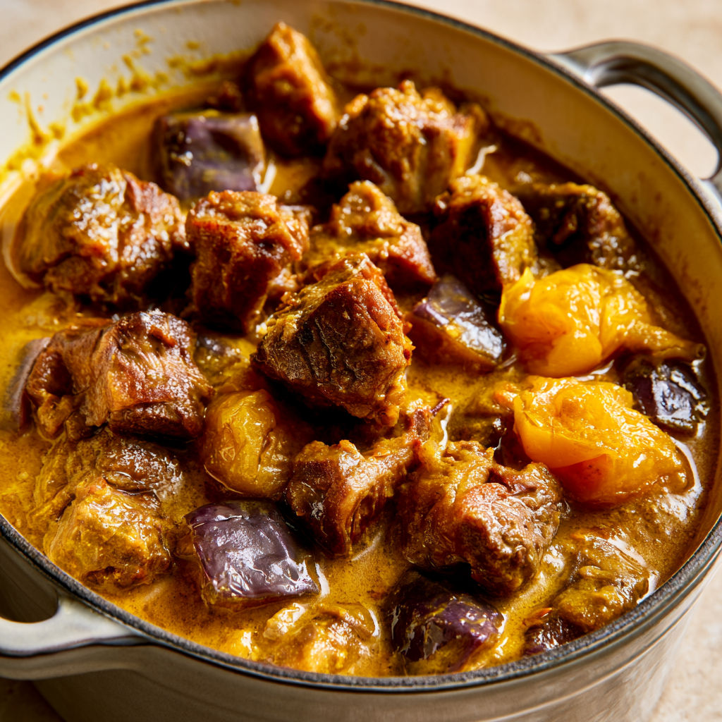 Colombo de veau mijoté, fondant et parfumé, aubergines et sauce tomate.
