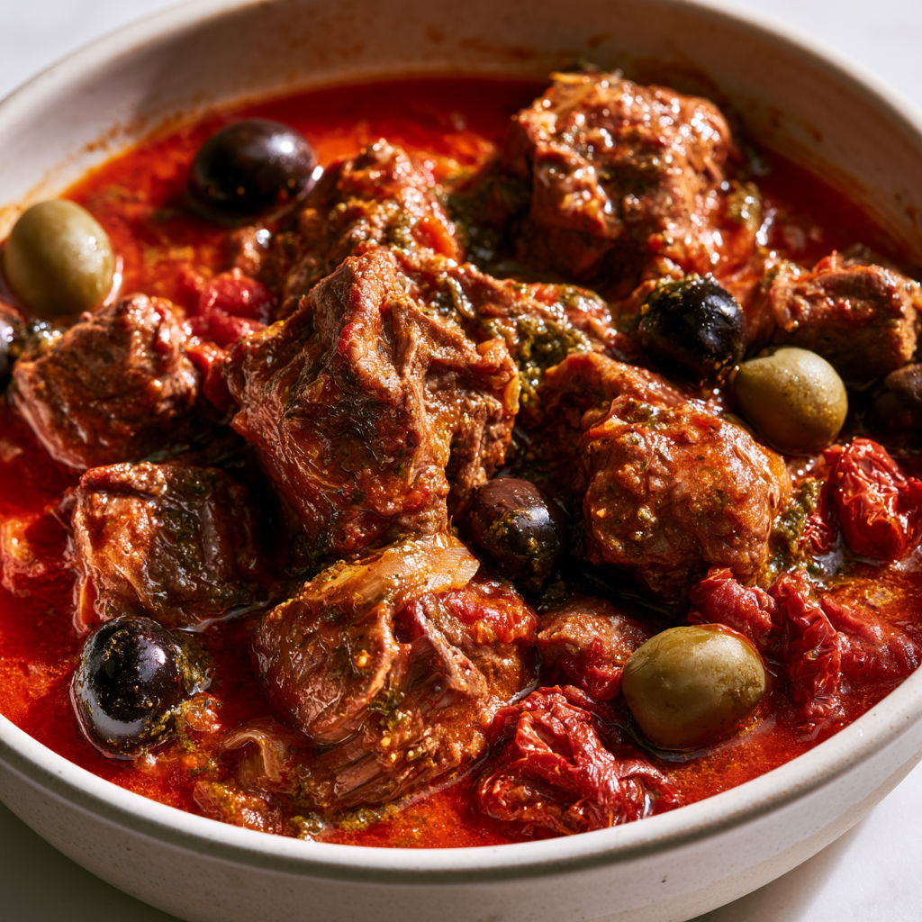 Veau mijoté avec olives et pesto rosso pour un vrai festin du sud.