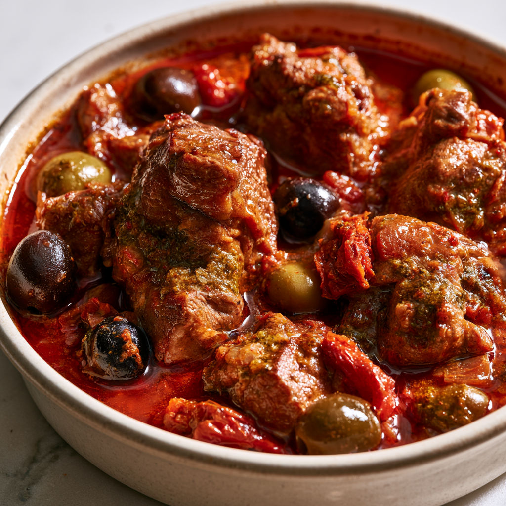 Mijoté de veau tendre, olives, tomates confites et pesto rosso. Un vrai régal méridional.