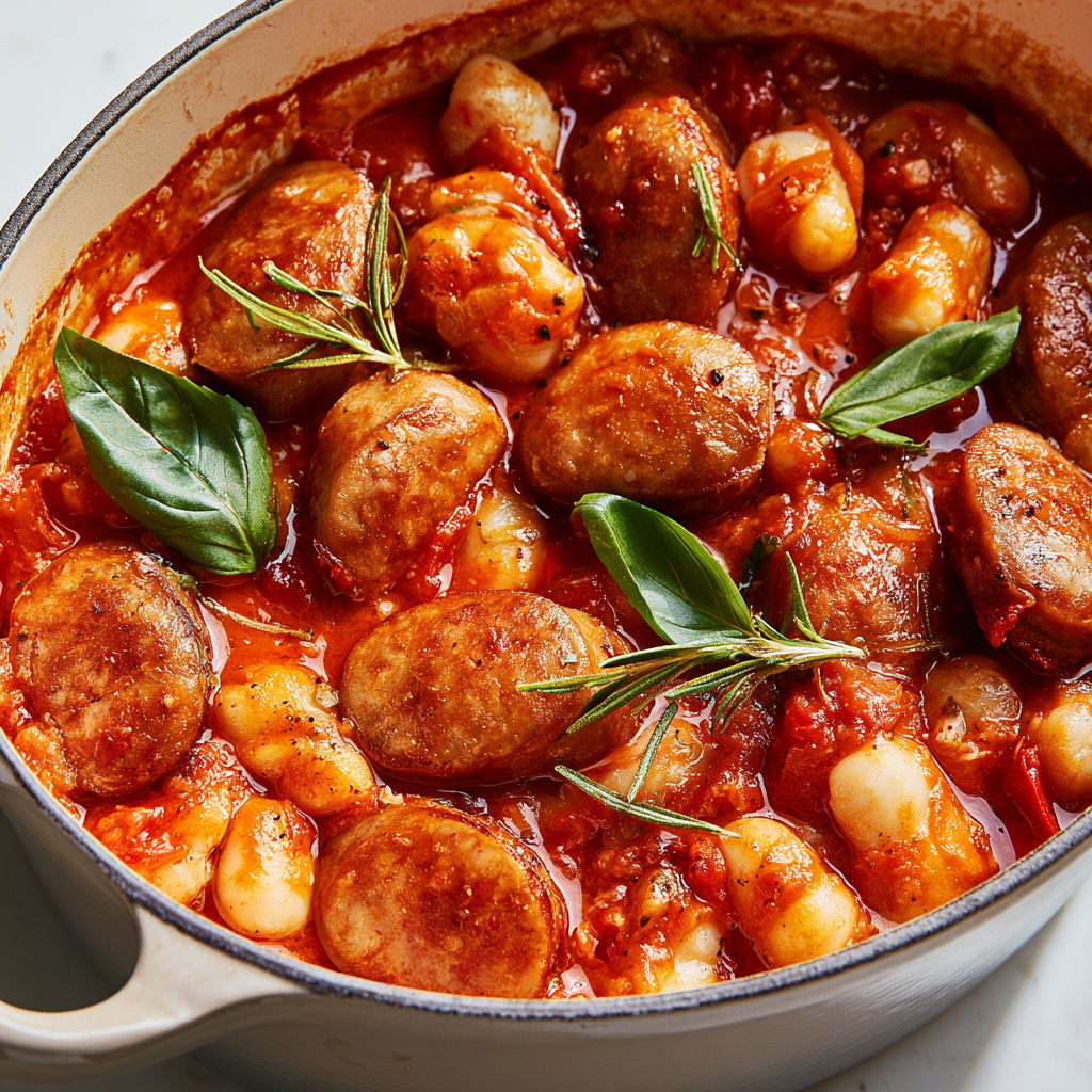 Haricots fondants et saucisses dorées dans une sauce tomate pimentée.