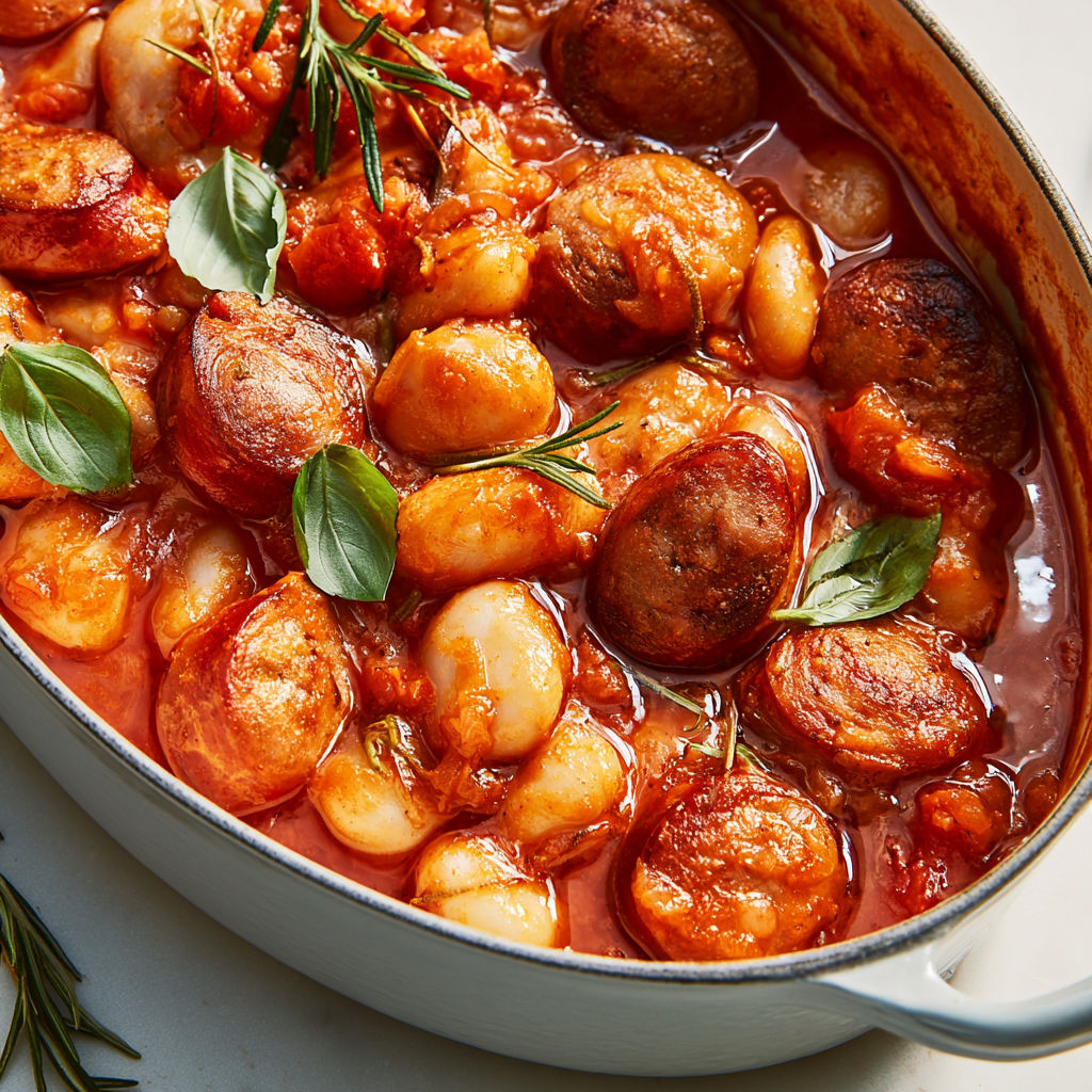 Saucisses épicées et haricots moelleux dans une sauce tomate maison généreuse.