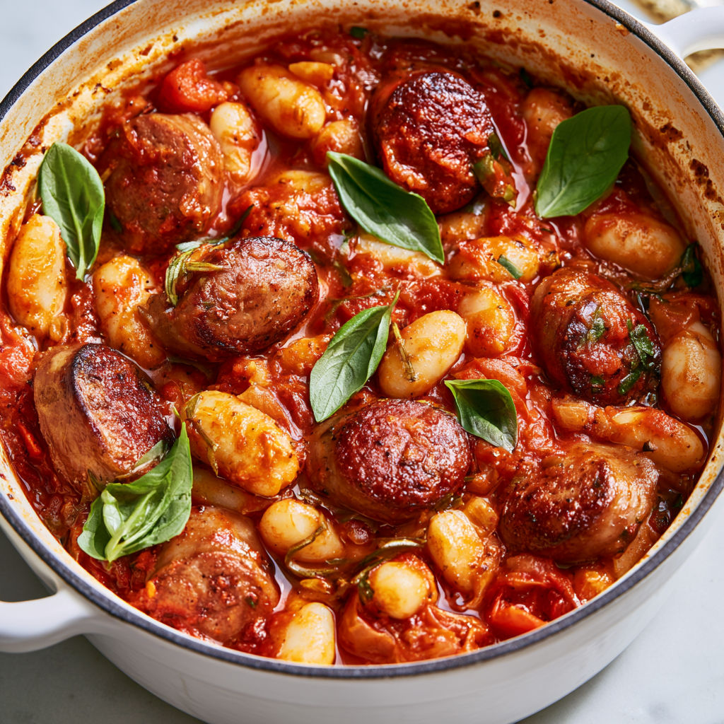 Mijoté gourmand de saucisses et haricots blancs avec sauce tomate pimentée.
