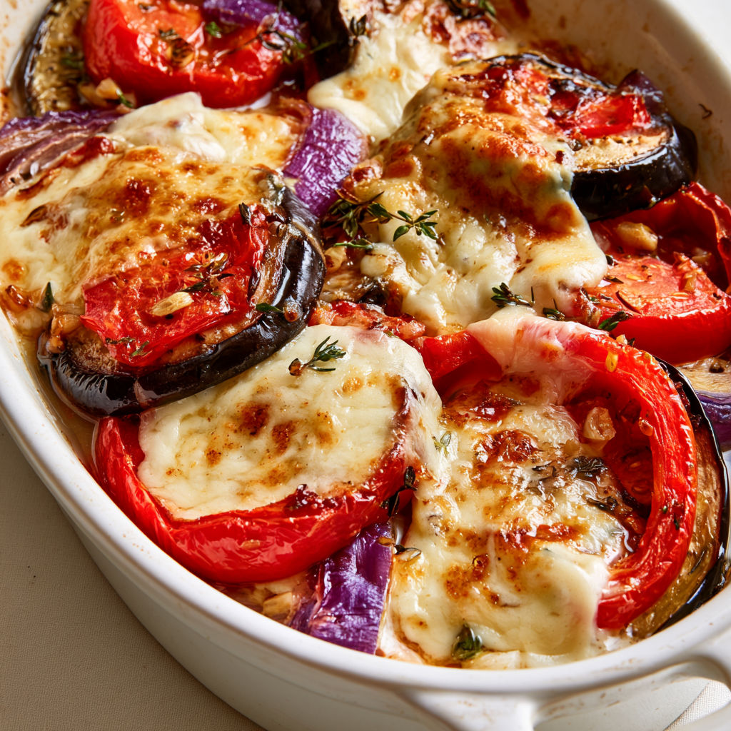 Un plat rempli de légumes rôtis et gratinés au Reblochon.