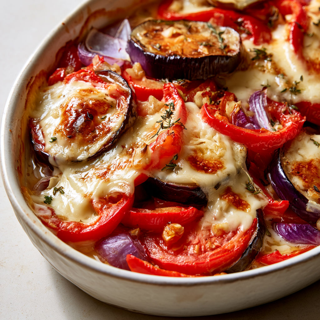 Légumes d’été bien cuits sous une couche de Reblochon pour une assiette gourmande et généreuse.