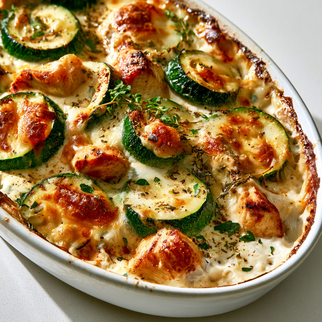 Gratin courgette poulet maison nappé de fromage bien doré.