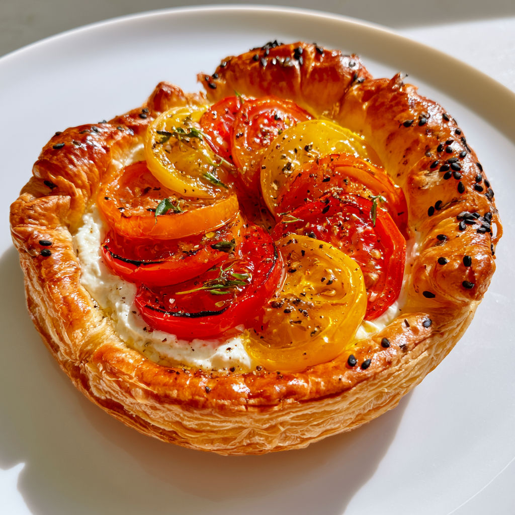 Petites tartelettes feuilletées aux tomates colorées, ricotta et thym pour l’apéro.