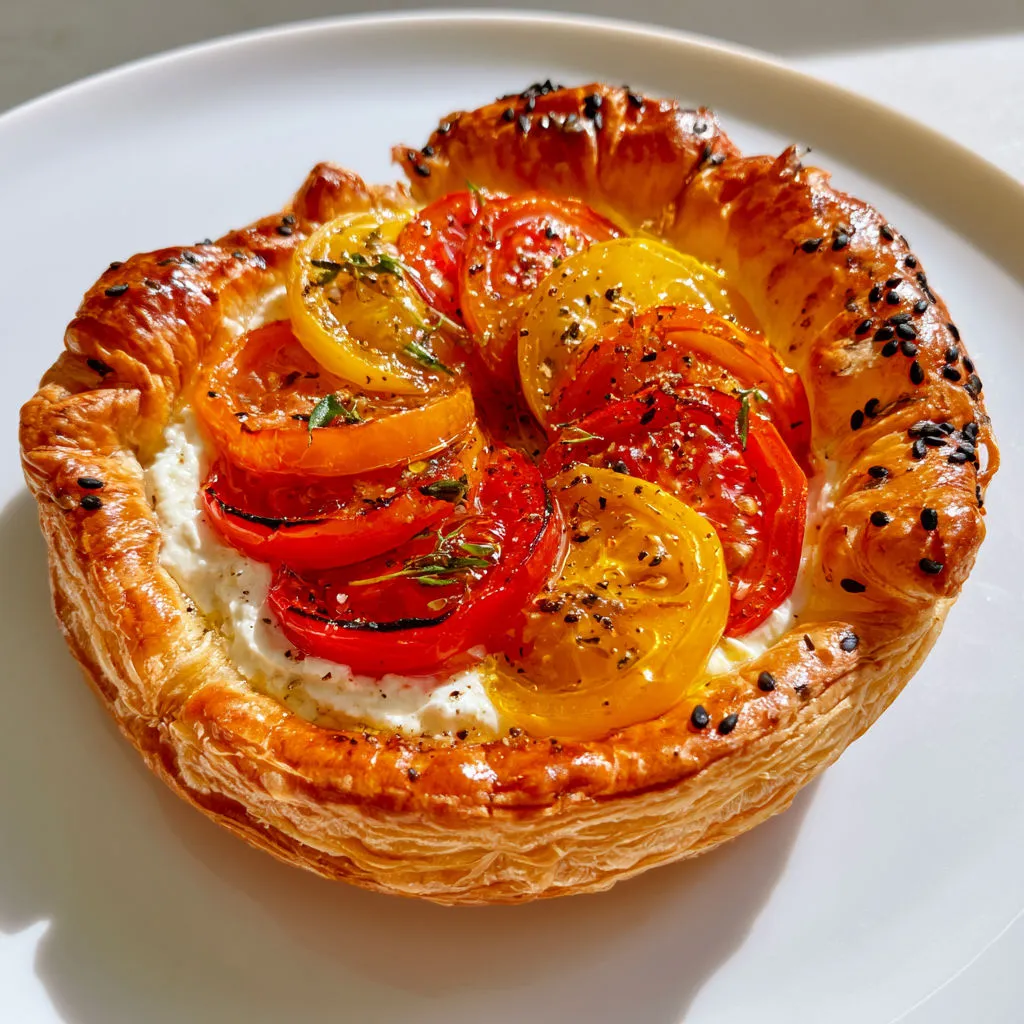 Petites tartelettes feuilletées aux tomates colorées, ricotta et thym pour l’apéro.