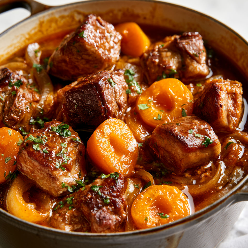Porc tendre mijoté aux abricots, sauce soja et citron vert, relevé de coriandre fraîche.