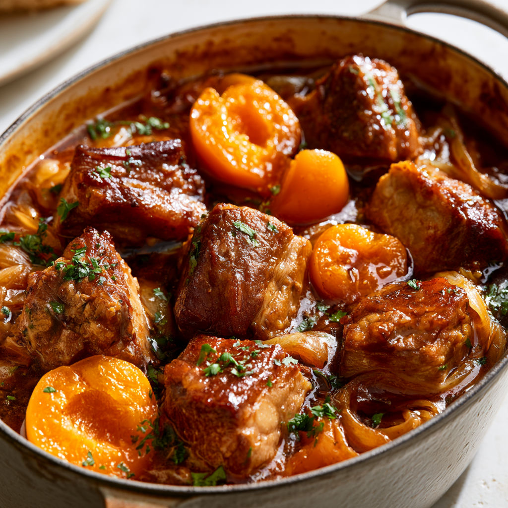 Porc mijoté fondant, généreux en abricots et relevé à la sauce soja et miel.