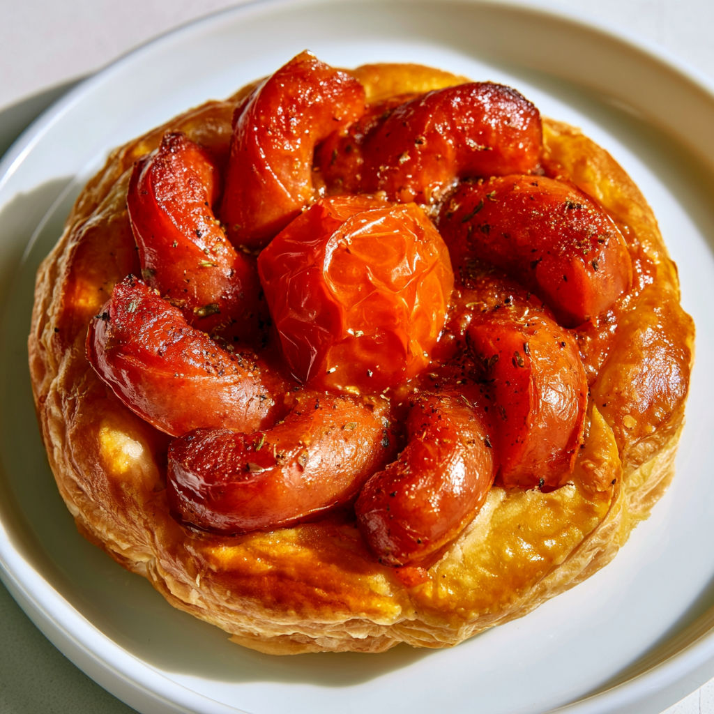 Minis feuilletés au chorizo et tomates sur pâte croustillante et bien dorée.
