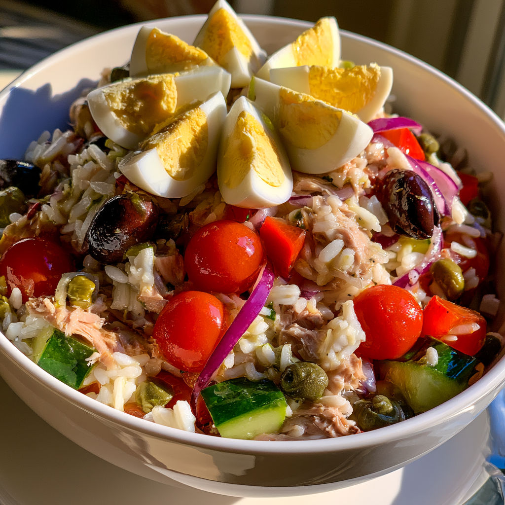 Représentation fraîche d'une salade niçoise avec légumes, riz, thon et œufs.