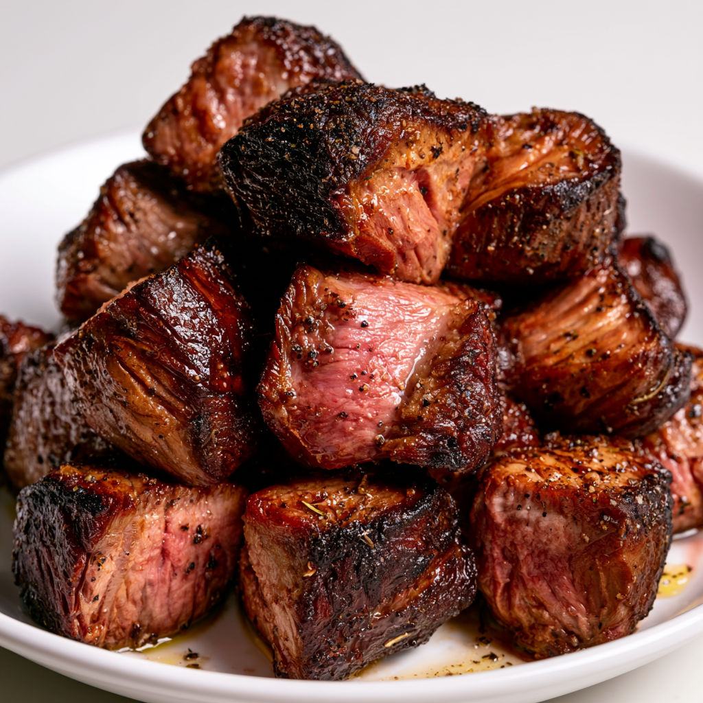 Des morceaux dorés de bœuf grillé empilés sur un plat.