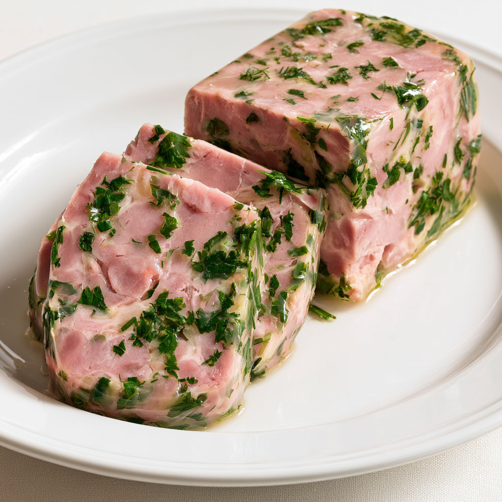 Une délicieuse terrine froide composée de jambonneau et d'herbes fraîches présentée joliment.
