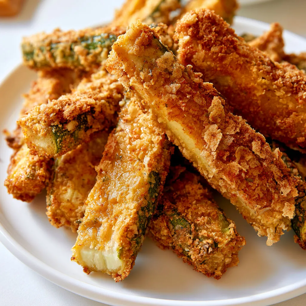 Bâtonnets de courgette vegan croustillants, parfaits pour les apéros.