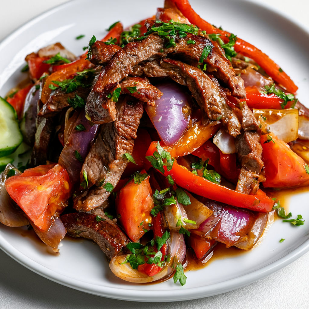 Assiette de bœuf sauté avec légumes et herbes fraîches.
