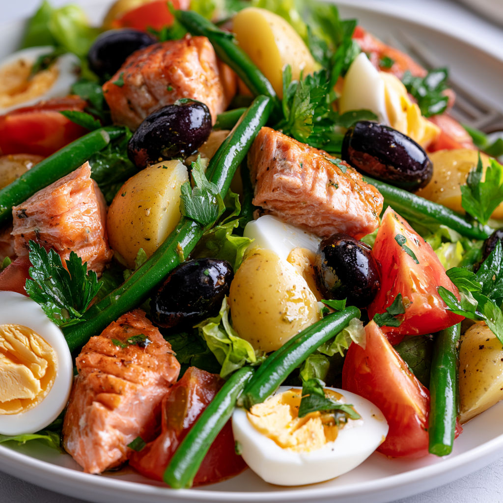 Un plat frais et coloré à base de saumon, légumes et œufs.