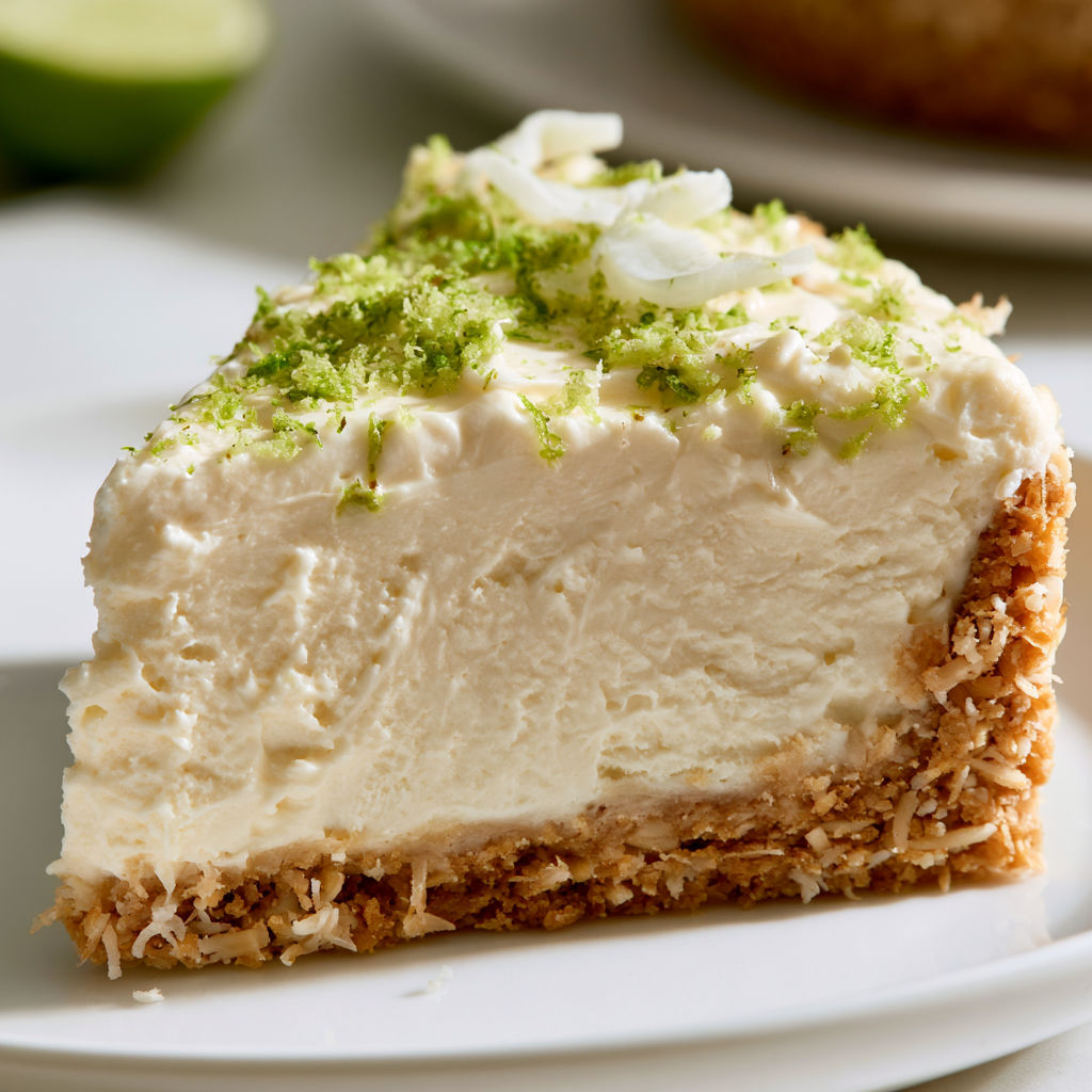Une tarte légère à base de coco et citron vert est posée sur une assiette élégante.