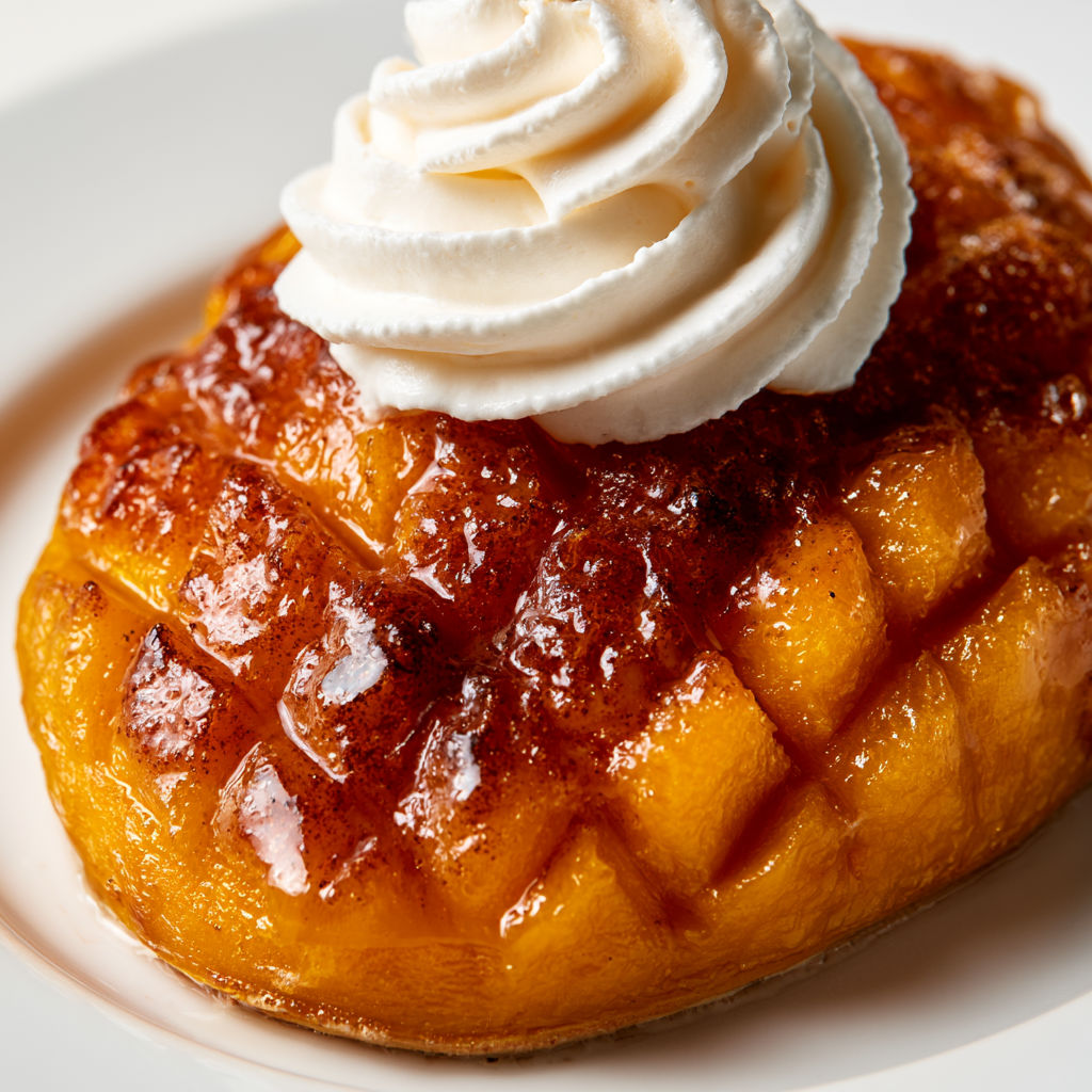 Mangue caramélisée au sucre avec son cœur fondant, prête en quelques instants.