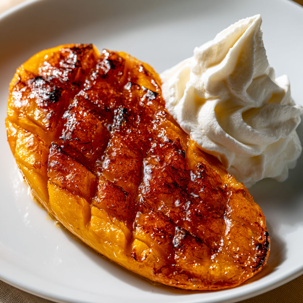 Mangue flambée et crème vanillée pour un moment super gourmand.