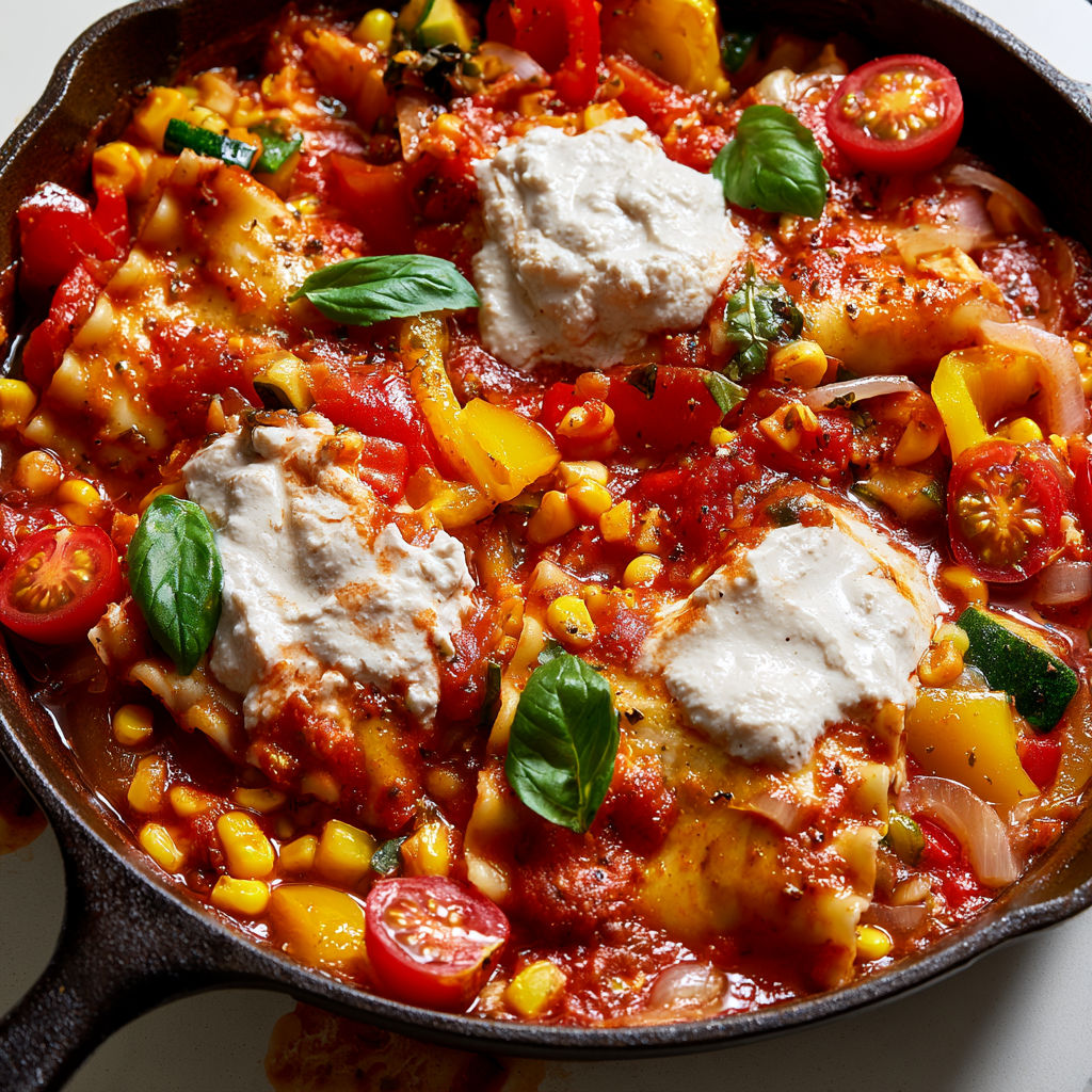 Lasagnes d'été aux légumes cuisinés avec une crème végétale.
