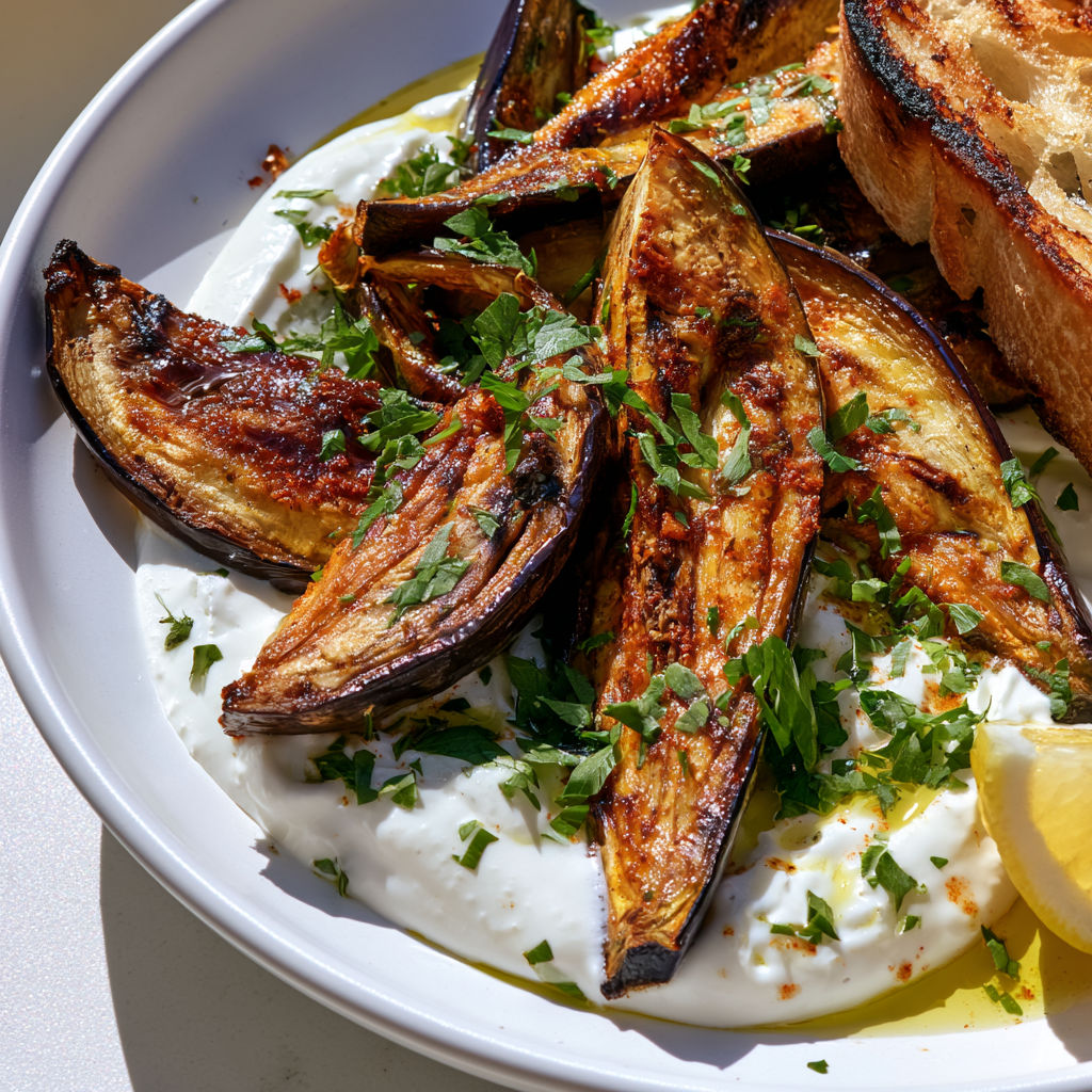 Impossible de résister à ces aubergines grillées sur yaourt à l’ail, façon Turquie.
