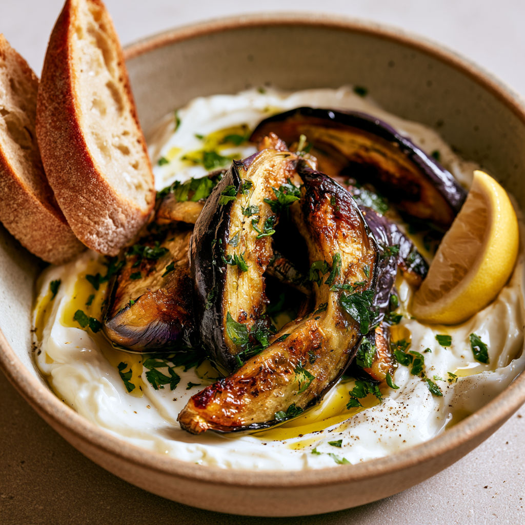 Aubergines à la turque, yaourt grec et ail, véritable explosion de saveurs.