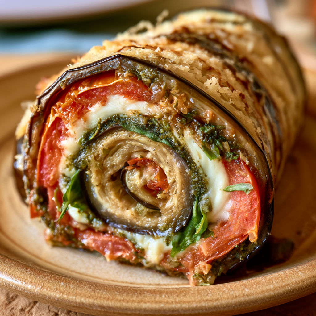 Des roulés d’aubergines à l'italienne sont joliment disposés sur une assiette.