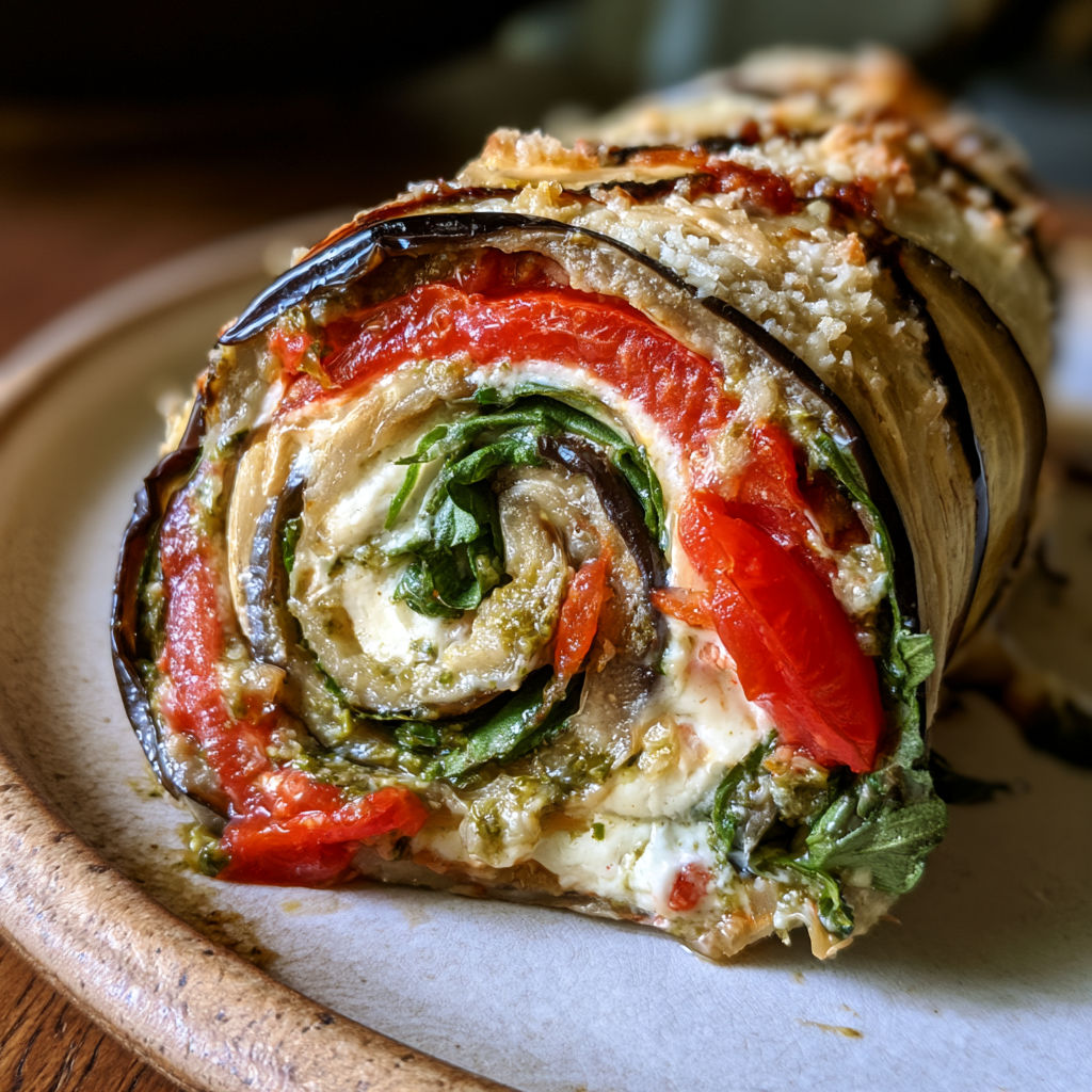 Rouleaux d’aubergines pesto, mozzarella et tomates.