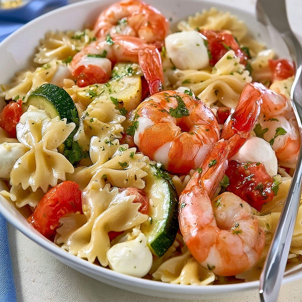 Plat frais aux crevettes, pâtes et légumes d’été.