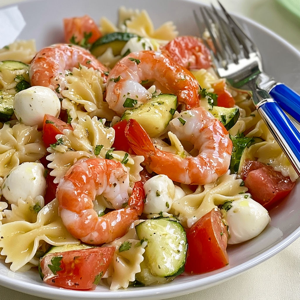 Farfalles fraîches aux crevettes et mozzarella super gourmande.