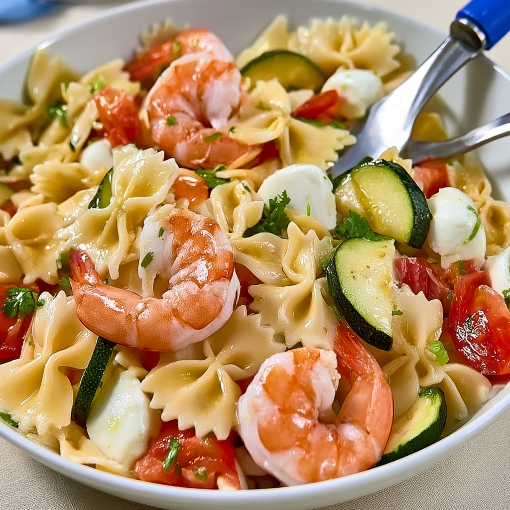Farfalles fraîches avec crevettes courgettes tomates et mozzarella.