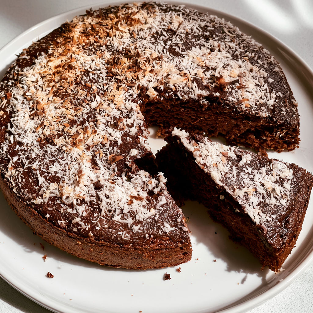 Une tranche fondante chocolat-coco, décorée de noix de coco râpée.