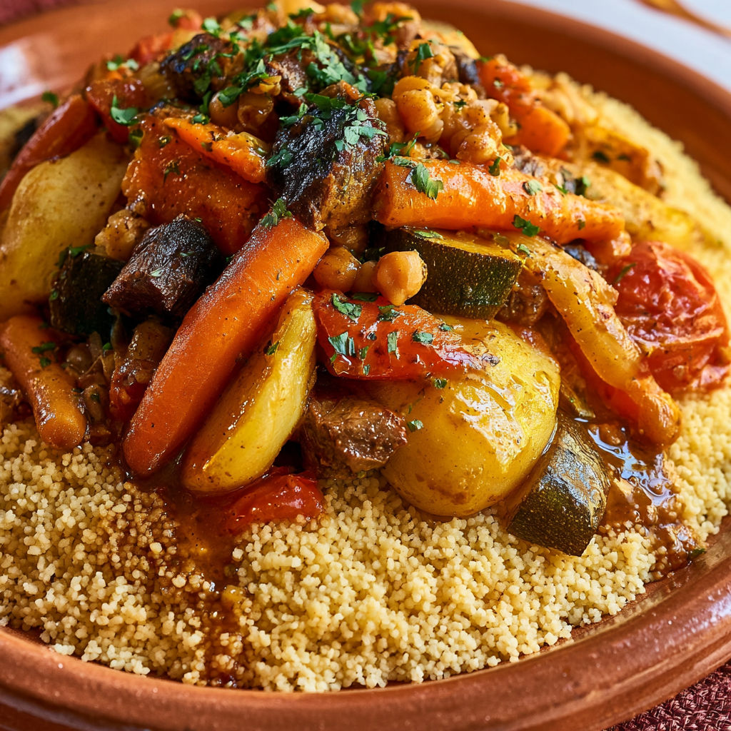 Un plat de couscous traditionnel aux légumes colorés, avec de la viande et des épices.