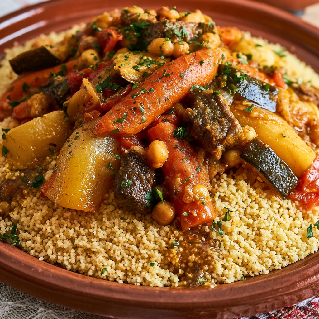 Grand couscous traditionnel aux légumes et bœuf bien doré.