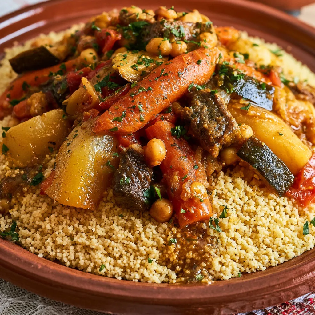 Grand couscous traditionnel aux légumes et bœuf bien doré.