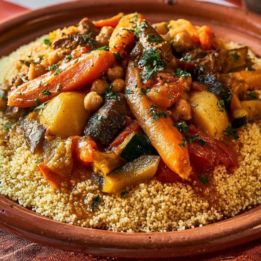 Beau couscous riche en légumes tendres et pois chiches.
