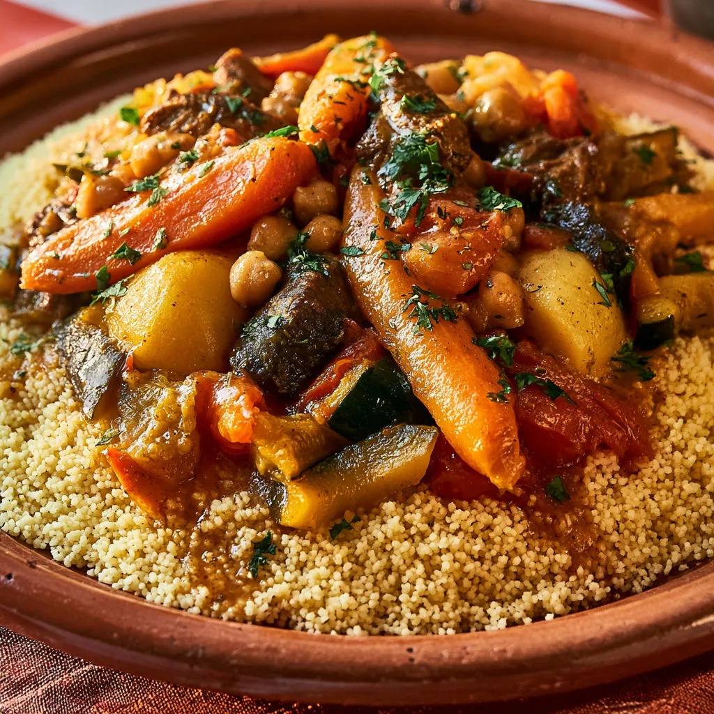 Beau couscous riche en légumes tendres et pois chiches.